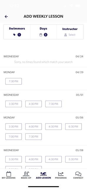 Lesson times available in the Big Blue mobile app