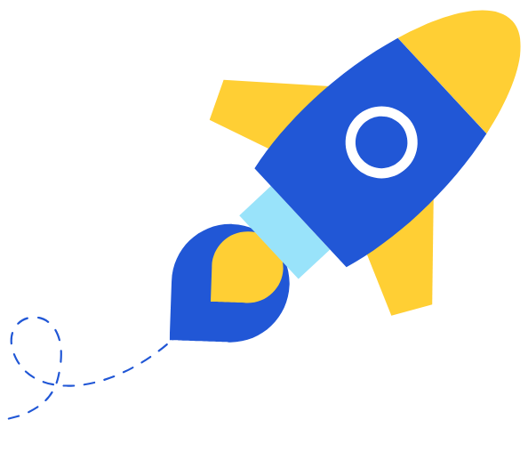 stylized blue rocket ship lifting off